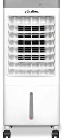 Schallen Portable Air Cooler for Home and Office Use, Sleek Design 3 Speed Settings with Large 10 Litre Water Tank, Remote Control, 65W, White and Grey