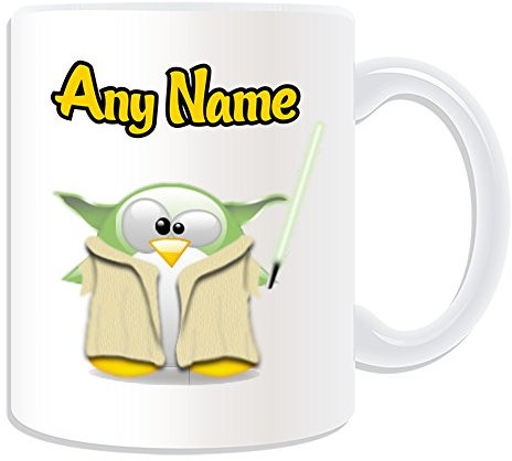 Personalisiertes Geschenk – Yoda Tasse (Pinguin Film Charakter Design Thema, weiß) – Jeder Name/Nachricht auf Ihre Einzigartiges – Kostüm Film Superheld Hero Star Wars Jedi Lichtschwert Laser Sword