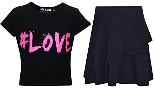 A2Z 4 Kids Girl Tops Kid Comic Graffiti #Love Paris NYC #Selfie Crop Top T-Shirt - #Love Black Top Fril Skirt 11-12