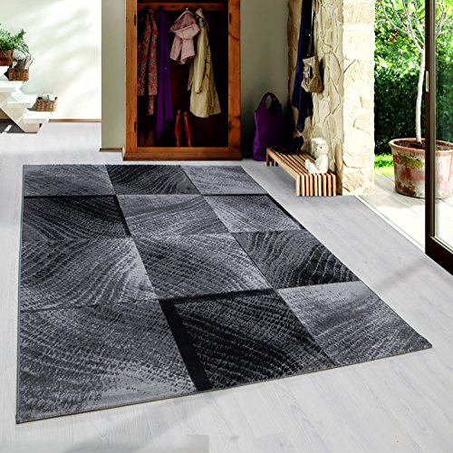 SIMPEX Teppich 80x150 cm Schwarz Kurzflor Abstrakt Karo Design Moderner Läufer für Wohnzimmer Schlafzimmer Flur Küche Esszimmer Kinderzimmer Pflegeleicht Weich