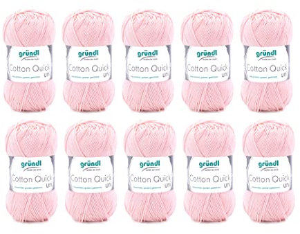 Gründl Wolle Cotton Quick uni - dünne Wolle zum Häkeln - Strickgarn - Häkelgarn - Glänzend und hautfreundlich - 100 % Baumwolle - 10 Knäuel 50 g / 125 m - Nadelstärke 3- 4 - Hellrosa