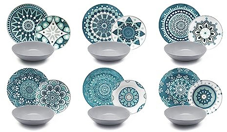 Excelsa - Vajilla de 18 Piezas de Porcelana, Color Azul/Gris, Modelo Mandala