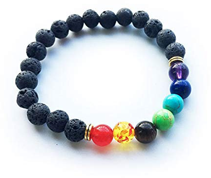 SHOP STORY Armband „Heilung der 7 Chakras“ aus Lavasteinen – roter Achat – Bernstein – Tigerauge – Howlith grün – Türkis – Lapis Lazuli – Amethyst