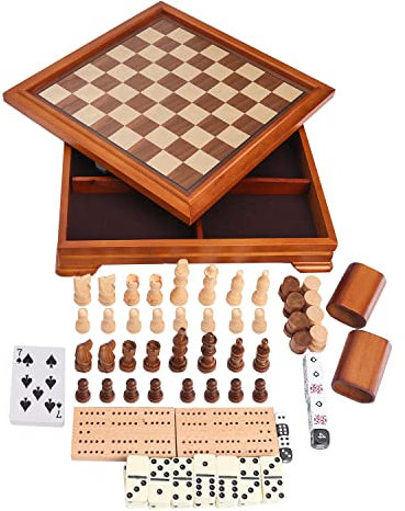 GSE Games & Sports Expert Holz 7-in-1 Schach, Dame, Backgammon, Dominosteine, Cribbage Board, Spielkarte & Poker Würfelspiel Combo Set (Deluxe)
