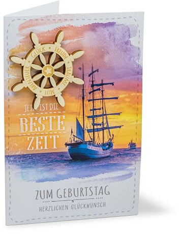 KE - Premium Geburtstagskarte Set mit Umschlag | Maritimes Design | Holz Schiffssteuerrad | Beste Zeit Glückwunschkarte | Klappbare Geburtstagskarte | Motiv: Schiff