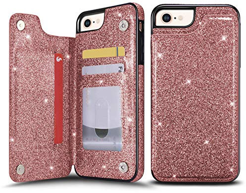 UEEBAI Case for iPhone 6S Plus, Premium Glitter PU Leather Case Back Wallet Cover [Two Magnetic Clasp] [Card Slots] Stand Function Durable Shockproof Soft TPU Case for iPhone 6 Plus - Rose Gold#3