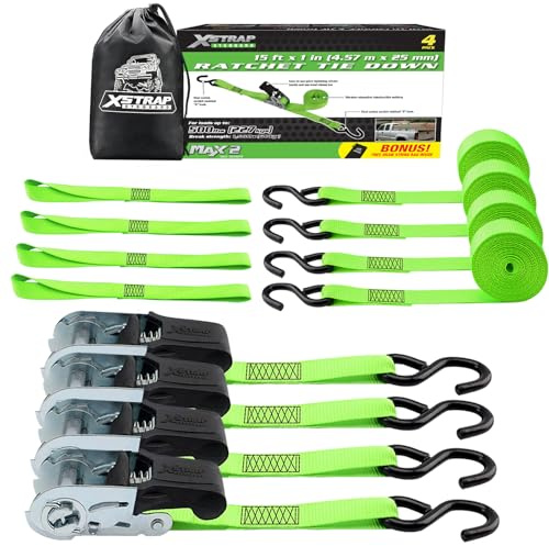 XSTRAP STANDARD 4 Pack 1 x 15Ft Ratchet Tie Down Straps with 4 Soft Loops