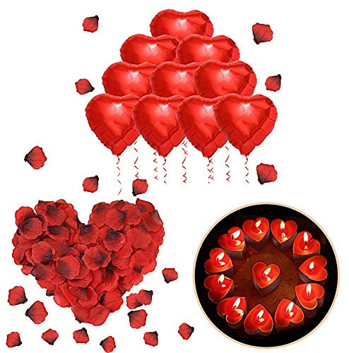 ASANMU Romantisch Deko Set, Dekorationen zum Muttertag Love Ballon+1000 Rosenblätter+10 Herz Luftballons+50 Teelichter Herzform Hochzeit Deko Set für Muttertag/Verlobung/Hochzeit/Geburtstag