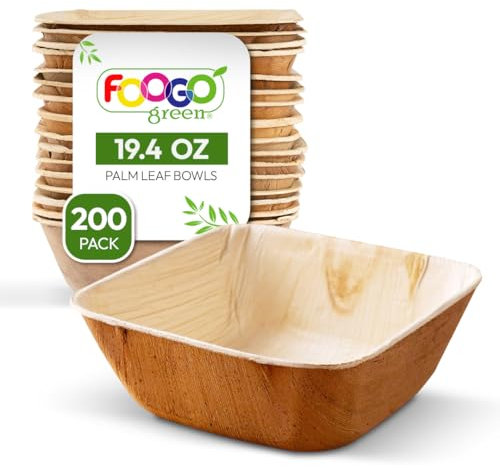 FOOGO Green 200pcs Disposable Palm Leaf Bowls, 5 (13cm) 19.4oz (550ml), for Soup, Desserts & Salad, Deep Square, Sturdy Eco Friendly Biodegradable, Bamboo, Wooden and Paper Bowls for Hot Food