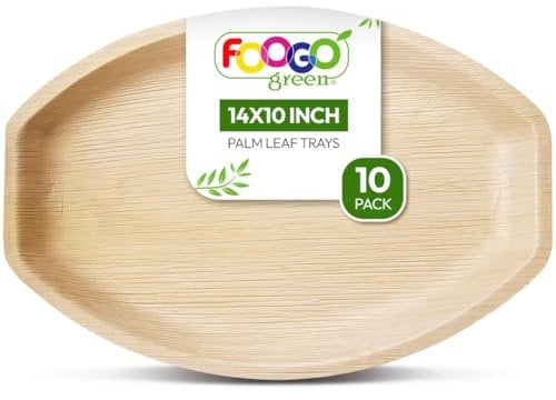 FOOGO Green 10 Plateaux de Service Jetables Feuille de Palmier, Grand Ovale 35x25 cm, Pizza, Entrées, Canapés, Planche Charcuterie, Robuste et Ecologique Comme Plateaux en Bois pour Plats Chauds