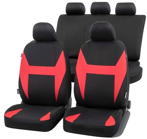 Walser Auto-Sitzbezug Caledon Komplettset, Universal PKW-Sitzbezüge 4-teilig, Auto-Schonbezüge, 2 Vordersitzbezüge, 1 Rücksitzbezug schwarz-rot