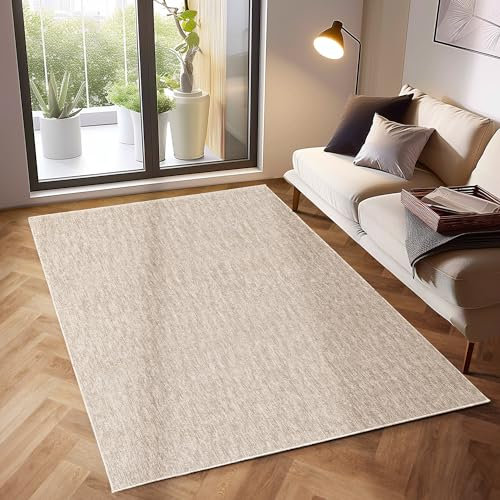 SIMPEX Moderner Kurzflor Teppich Wohnzimmer Schlafzimmer Küchenteppich Läufer Flur Teppichläufer Meliertes Design Weich und Pflegeleicht Jute Rücken, Farbe: Creme, Größe: 140 x 200 cm
