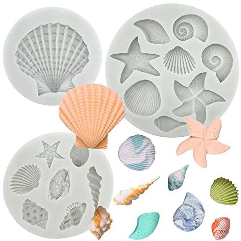 3 PCS Marine Theme Cake Fondant Silicone Mold Seashell Conch Starfish Coral Baking Molds for DIY Cake Decoration Chocolate Candy Polymer Clay Crafting Projects
