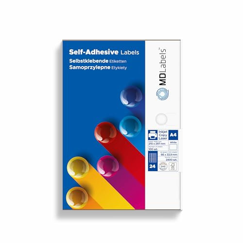 MDlabels Universal Etiketten DIN A4-66x33,9 mm, 2400 Etiketten - Mattes Papier Klebeetiketten– bedruckbare - Weiß - Barcode-Etiketten