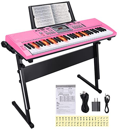 24HOCL 61 Key Premium Electric Keyboard Piano for Beginners with Stand, Built-in Dual Speakers, Microphone, Headphone, Stand & Display Panel (Pink)