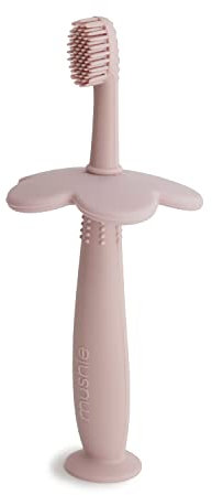 Mushie Kinderzahnbürste Blumen Design | Handzahnbürste für kinder mit Saugnapf, 0-6 Jahre | Stimuliert Zähne & Zahnfleisch, extra weiche Bürste | Sichere & Hochwertige | Erröten