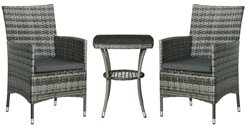 Outsunny 3 Pieces Rattan Bistro Set, Wicker Garden Furniture Set with 2-Tier Coffee Table and Chairs, Washable Cushions, for Outdoor Patio Balcony, Mixed Grey