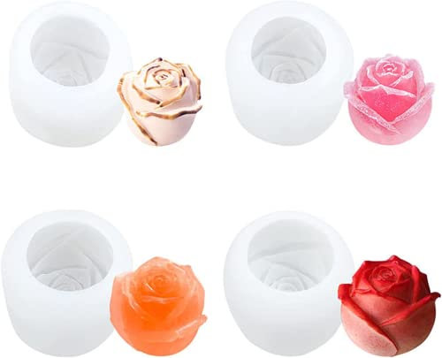 DRYEN 3D-Rosen-Silikonform, Eiswürfelform, 4er-Set, Eiswürfelform, Rosenform, Blumen-Form, Eiskugel-Form