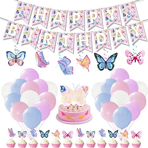 Schmetterling Geburtstag Dekoration, Happy Birthday Banner,Luftballons,Schmetterling hängende Wirbel Deko,Kuchendeckel,Cupcake-Topper für Mädchen Kinder