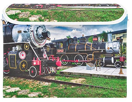 Storage Bins with Lid, Steam Trains Vintage Storage Box Organizer Toys Bedroom Nursery, 16.5x12.6x11.8 Large Collapsible Storage Cube for Home Office Closet Shelf