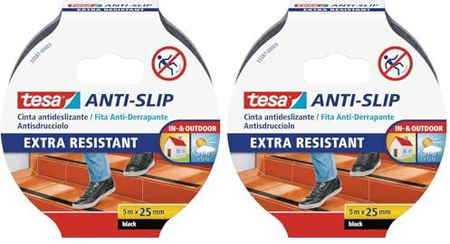 Tesa Nastro Antiscivolo - Adesivo Antiscivolo per L?Uso Interno Ed Esterno - per Scale e Pavimenti Lisci - Nero - 5 m x 25 mm (Confezione da 2)