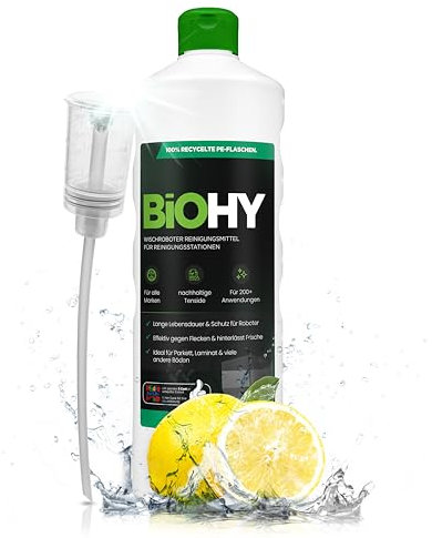 BiOHY Wischroboter Reinigungsmittel für Reinigungsstationen mit Frischeduft (1l Flasche) + Dosierer | Verlängert die Lebensdauer der Absaugstation | Schaumarmes Bodenreiniger Konzentrat