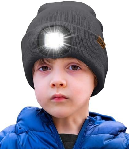 ATNKE Kids LED Beleuchtete Mütze mit Licht,Wiederaufladbare USB 4 LED Laufmütze Extrem Heller Lampe Winter Warme Stricken Mütze Großartig Geschenke für Jungen und Mädchen/Noble Gray