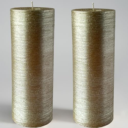 Memoward Stumpenkerzen,Kerzen Groß 2er Set,Lange Brenndauer ca.100+ Std,Saubere Verbrennung,Unparfümiert,für Haushalt,Feiern und Gastronomie Deko (7.5 x 20 cm-2er, Gold Metallic horizontaler Streifen)