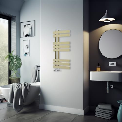 Warmehaus 800 x 450mm Brushed Brass Flat Designer Heated Towel Rail Radiator - Best for any Bathroom & Kitchen - D Shape Bars