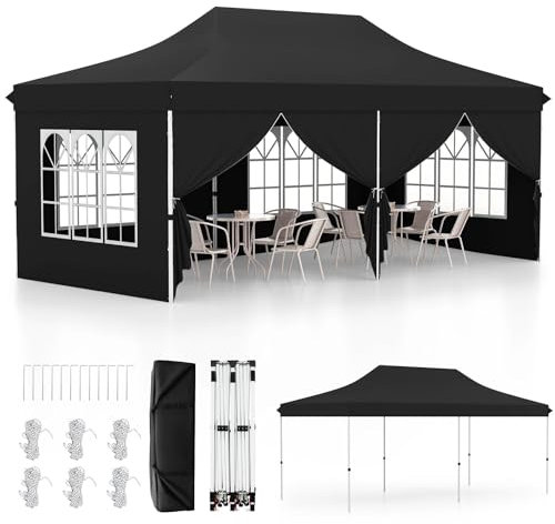 SPOTRAVEL 3m x 6m Pop Up Gazebo, UPF50+ Waterproof Marquee Gazebo Canopy Tent with Carrying Bag, Outdoor 3-Level Height Adjustable Party Tent Shelter for Garden Patio Beach (with Sides, Black)