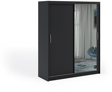 ELUKS OVI Double Sliding Doors Wardrobe with Mirror Furniture for Bedroom Living Room and Hall Wardrobe Organizer Width 100cm/120cm/150cm/180cm/200cm (Black, 150cm+2 drawers)