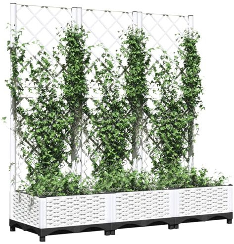 Kavolet Jardinière avec treillis, treillis de jardin, plate-bande surélevée avec treillis, bac à fleurs, bac à fleurs, 3 pots de fleurs, blanc, 120 x 40 x 121,5 cm PP