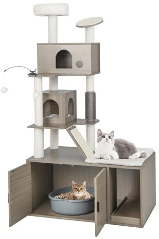 COSTWAY Arbre a Chat Litiere Intégrée, Meuble Litiere Cachées, Poteaux à Griffer en Sisal, 2 Condos, 2 Pompons, Planche à Griffer, 2 Tapis à Gratter, Brosse de Massage, Maison de Toilettes (173 CM)