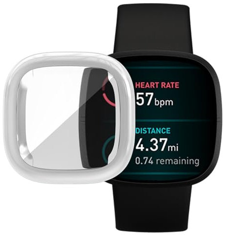 Hülle mit Displayschutz Kompatibel mit Fitbit Versa 3/Sense, Glas Ultradünne TPU Rundum Weiche Schutzhülle für Fitbit Versa 3/Sense, Weiß