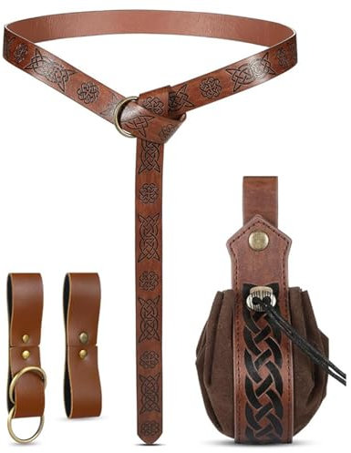 WanderGo 4 Stück Mittelalter Kleidung Zubehör, Wikinger Kostüm Damen mit 1 Wikinger Gürtel, 1 Tasche, 2 Gürtelschnalle, Mittelalter Gürtel Damen für Wikinger Piraten Hexe Ritter Renaissance Kostüm