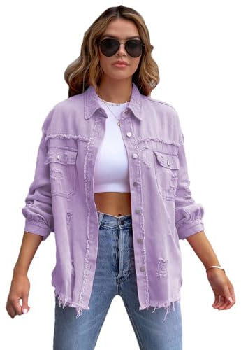 amropi Giacca Jeans con Bottoni Donna Giubbino Strappato Denim Jacket Leggere Camicetta Giacche Viola Chiaro, S