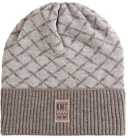 KNIT FACTORY - Dusk Mütze - Strickmütze für Damen und Herren - Beanie - Herbst & Winter Essentials - Wintermütze mit Karomuster - Mütze mit Wolle - Hochwertige Qualität - Marron/Iced Clay