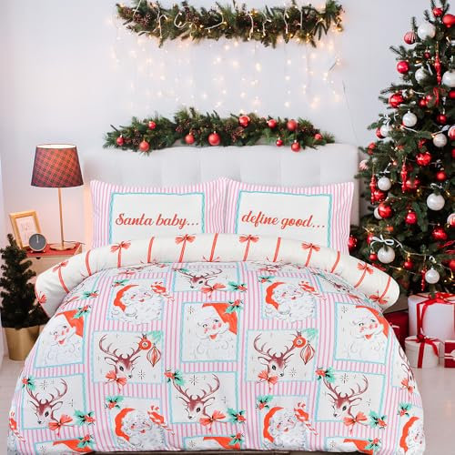 Sleepdown Retro Santa Duvet Set, Super Soft Microfibre, Reversible, Button Fastening, Christmas Bedding Set with Pillowcase, 100% Polyester Double Duvet Cover (230 X 220 CM), Pink
