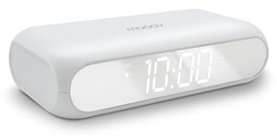 mooov 477354 Réveil Chargeur Induction 10W pour Telephone Double Alarme - Recharge sans Fil - Affichage Ecran Numérique LED Effet Miroir - Charge USB-A pour Appareil - Blanc