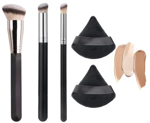 Pinceau Anti Cerne,3Pcs Pinceau Fond de Teint, Pinceau de Maquillage Professionnel pour Maquillage du Visage, Pinceau Fond De Teint Fluide aver 2 Choux de Poudre