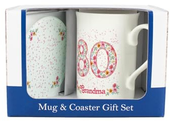 Purely Home Pink Floral Grandmas 80th Birthday Mug & Coaster Gift Set - Bone China Mug and Glass Coaster Tea/Coffee Cup Present for Nan