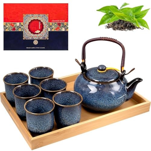 Japanese Teapot for Gift, 650ml Ceramic Tea Set with 6 Tea Cups & Bamboo Tray, Kiln Altered Glaze Teapot for Adults Tea Lovers Men Women Gift, Navy Blue