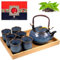 Japanese Teapot for Gift, 650ml Ceramic Tea Set with 6 Tea Cups & Bamboo Tray, Kiln Altered Glaze Teapot for Adults Tea Lovers Men Women Gift, Navy Blue