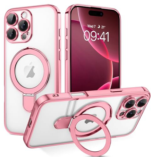 BENTOBEN Magnetic Case for iPhone 16 Pro Max [Compatible with Magsafe], Adjustable Ring Stand Full Camera Protection Clear Anti-yellow Military Drop Shockproof Case for iPhone 16 Pro Max, Rose Gold