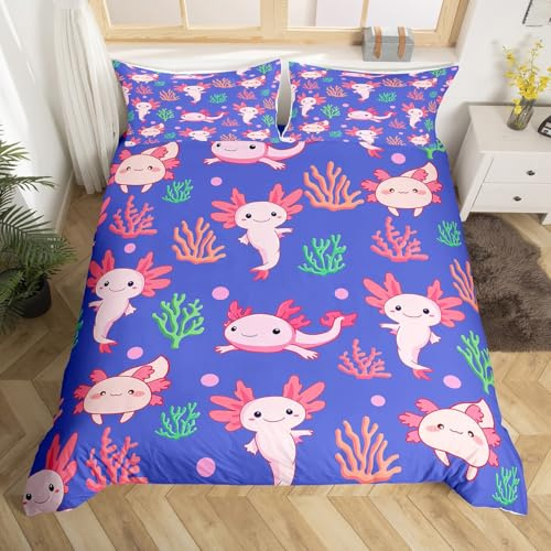 Loussiesd Mädchen Axolotl Bettbezug Set Rosa Lila Meerestiere Bettwäsche Set 155x220cm Nette Axolotl Druck Bettwäsche-Set Kinder Jugendliche Schlafzimmer Dekor mit 1 Kissenbezug, Reißverschluss