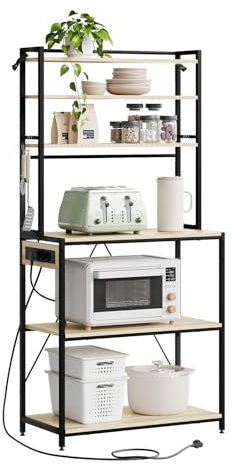 WOLTU 6-stöckiges Küchenregal mit Steckdosen, Mikrowellenregal mit 6 Haken, Bäckerregal mit Metallrahmen, verstellbare Ablage, Schwarz+Helle Eiche, 80 x 167 x 40 cm