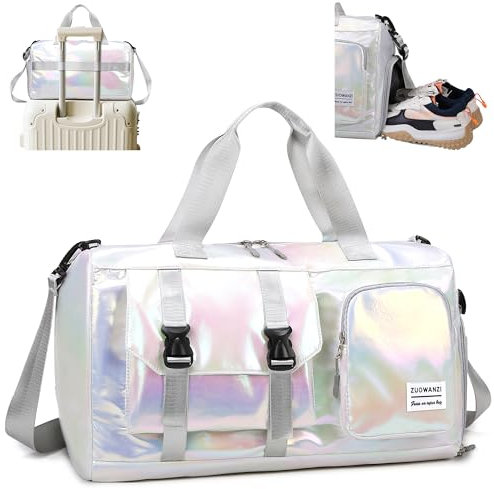 Tokeya Sporttasche Damen Reisetasche mit Schuhfach und Nassfach, Wasserdicht Schwimmtasche Frauen Glitzer Gym Bag Mädchen Leicht Faltbar Duffel Bag für Sport Fitness Training Reisen, Beige