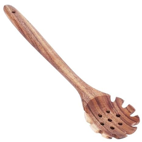Wooden Spaghetti Spoon, 12.6 inch Pasta Fork & Spaghetti Server Durable Heat-Resistant Pasta Spoon with Comfortable Wooden Handle and Non-Stick Portioner Natural Teak Cooking Utensil for Home Cooks