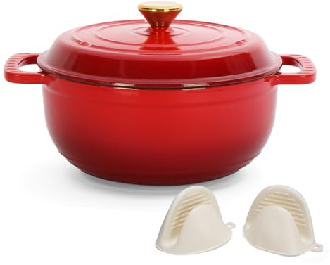 LEADZM Pentola in ghisa da 26 cm, 4,7 l, con coperchio, smaltata, pentola per pane per arrosti, cucina, stufatura, certificato FDA (rosso)