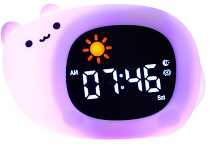 Longben Réveil animal mignon avec veilleuse, chat/chien/hibou/nuage/ours/dinosaure, horloge numérique SleepTrainer, luminosité réglable, compagnon de sommeil parfait pour garçons et filles (chat)